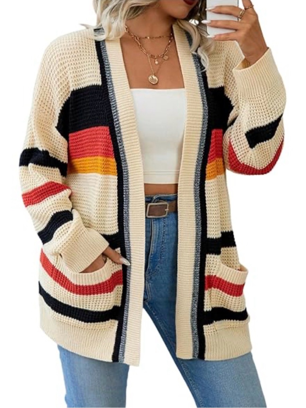 Cream Striped Open-Front Women's Cardigan Sweater